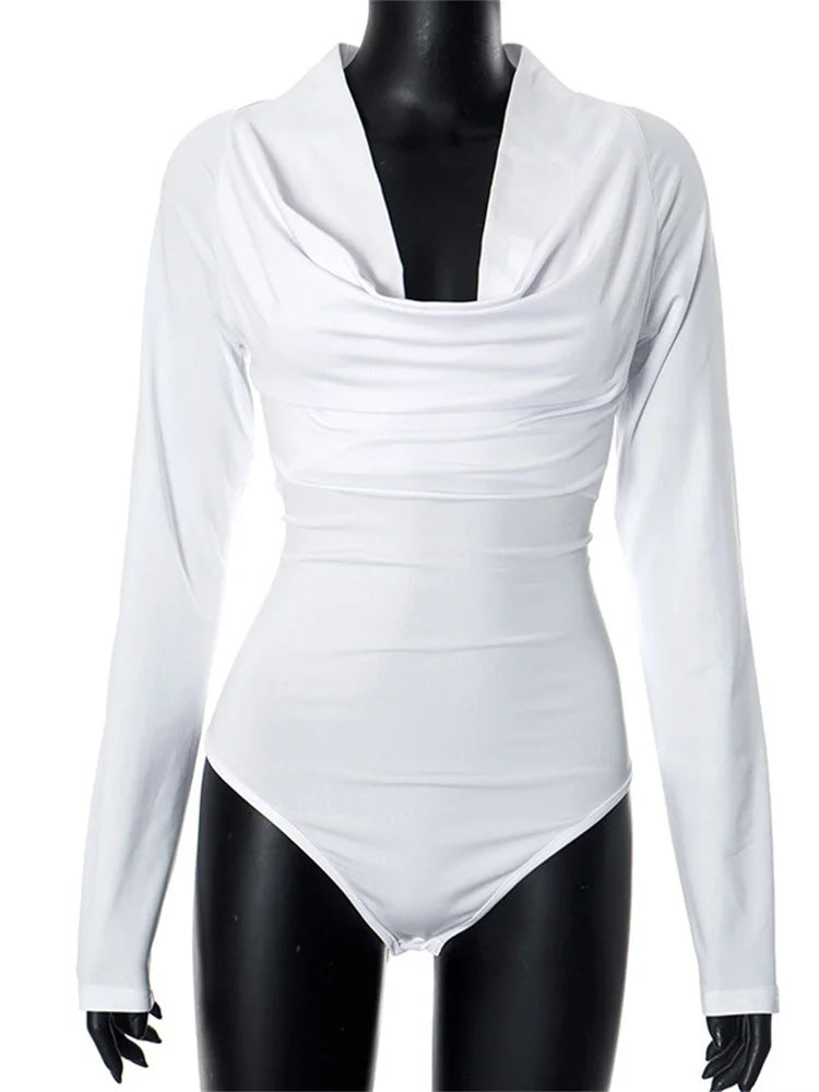 Mono elegante blanco con escote en V, ajustado, informal, de manga larga, con retazos, ropa lisa, 2025, monos de vendaje para mujer