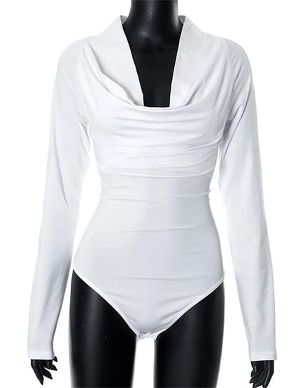 Mono elegante blanco con escote en V, ajustado, informal, de manga larga, con retazos, ropa lisa, 2025, monos de vendaje para mujer
