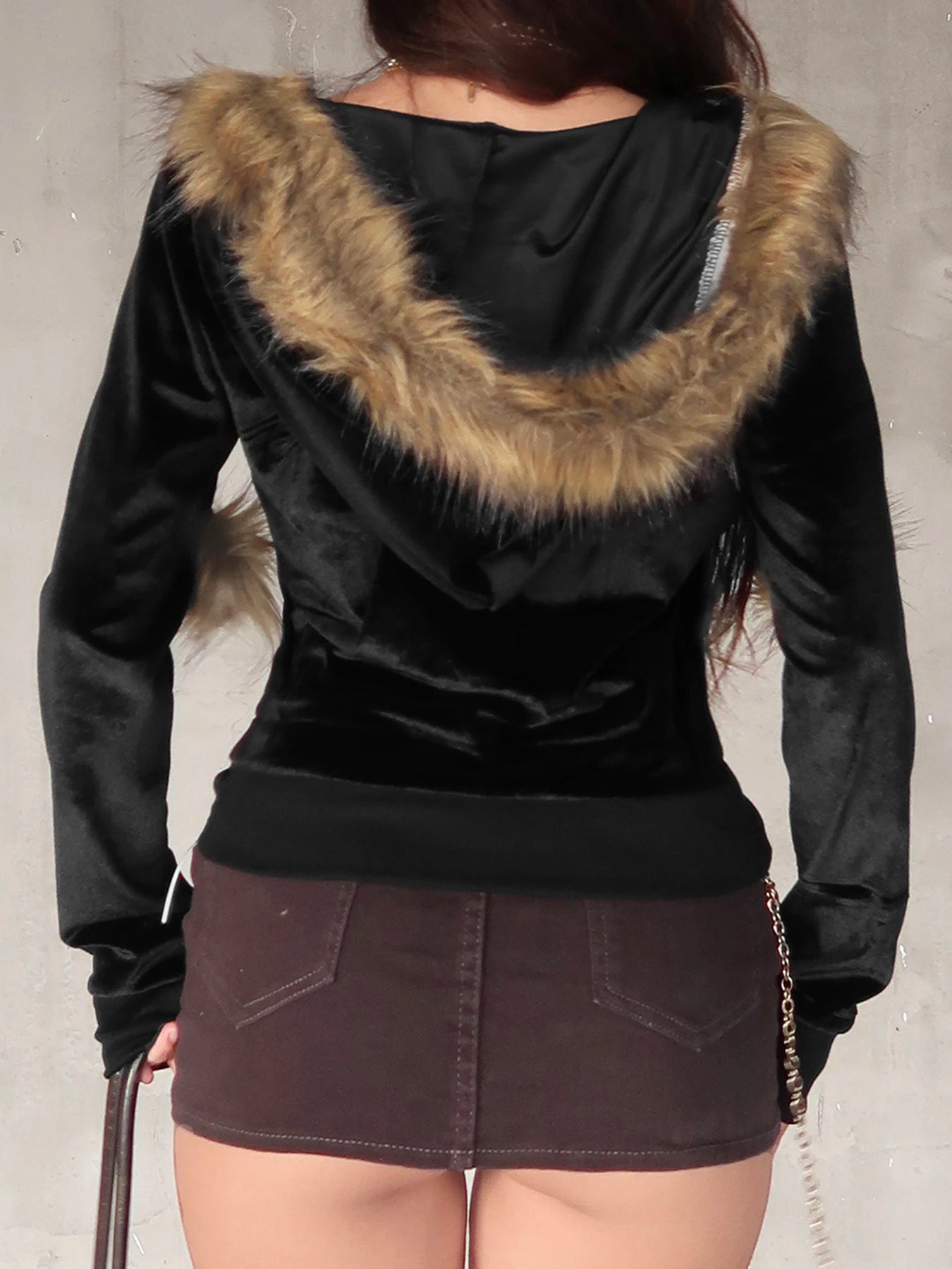 Black Velvet Faux Collar Hooded Sweats Women¡¯s Long Sleeve Causal Simple Hoodies Autumn High Fashion Clothes