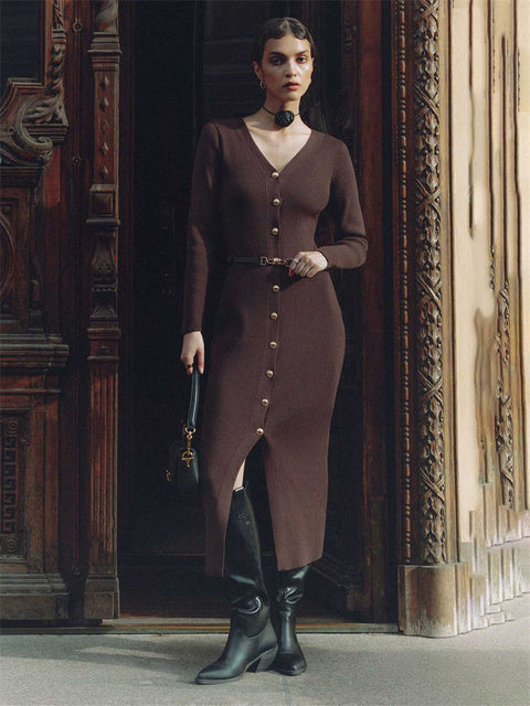 Autumn V-Neck Knit Long Dress For Women Ribbed Patchwork Cardigan Slim Elegant Party Dress Female Knitwear Maxi Dress