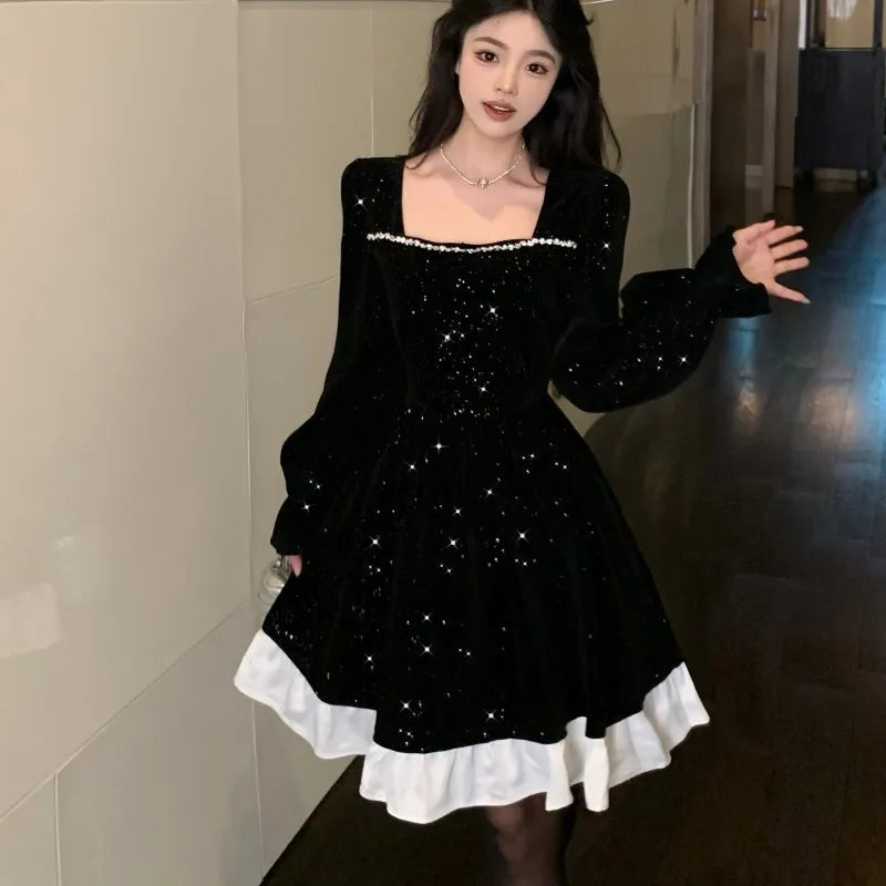 Vestidos midi de terciopelo brillante de otoño para mujer, manga larga, cuello cuadrado, volantes extragrandes, patchwork, vestido de fiesta de Navidad.