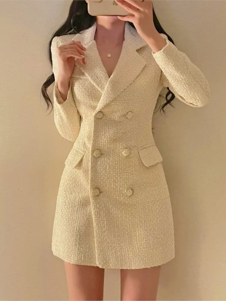 Autumn Winter Elegant Tweed Blazer Dress Double Breasted Slim Short Dresses for Women Korean Fashion Office Lady Coat Dress New