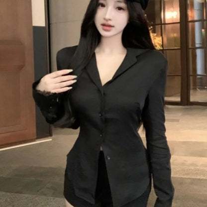 Backless Lace Youthful Fashion Black Long Sleeve Shirt Women V Neck Patchwork Elegant Basic Blouse Lady Office Casual White Top