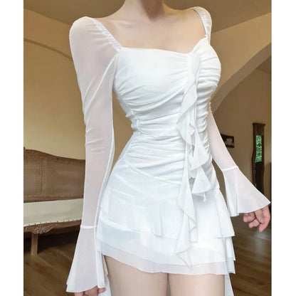 Vestido de fiesta de noche irregular Y2K de malla de manga larga con cuello cuadrado y volantes, corte en A, sexy, moda coreana