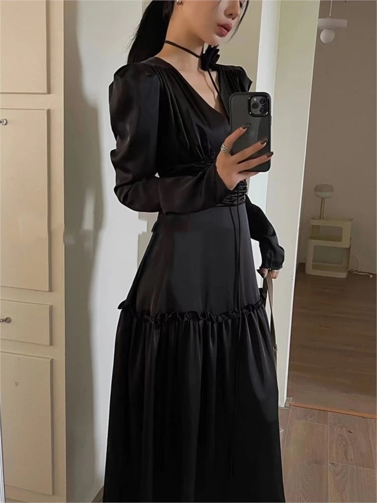 Vestidos midi de satén de otoño para mujer, manga larga, escote en V, diseño de pliegues, corte en A, moda coreana, vestidos de oficina de una pieza para mujer, nuevos