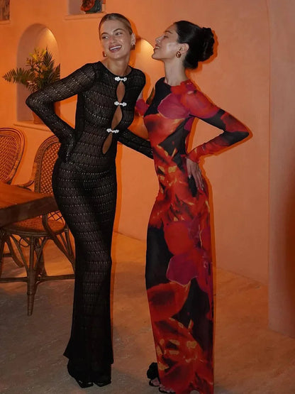 Hollow Slit Long Dress Women’s Beach Cover-up Bohemian Dress Floor-length Backless Mermaid Evening Gown Sexy Knit Dress