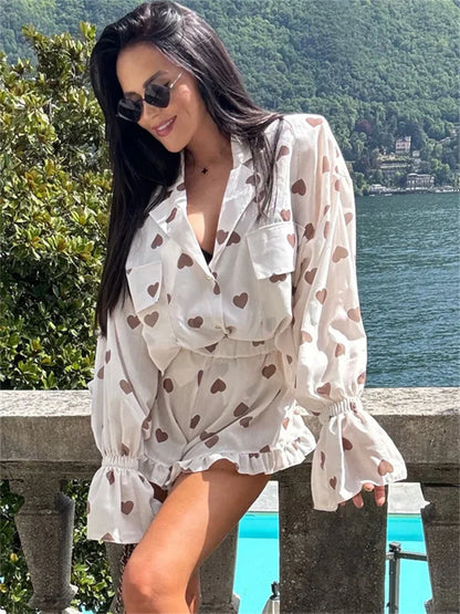 Autumn 2 Piece-Set Shorts For Women Printed Pocket Shirts And High Waist Slim Shorts Sets Female Casual Contrast Outfits