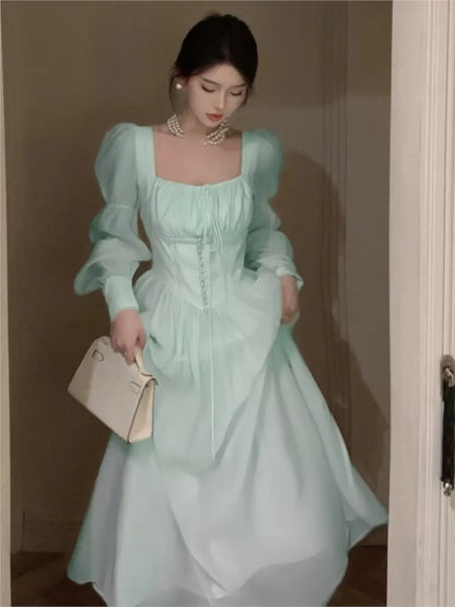 Vestidos midi de princesa de otoño para mujer, cuello cuadrado, cintura estrecha, mangas abullonadas, ropa vintage elegante para mujer, vestido de una pieza