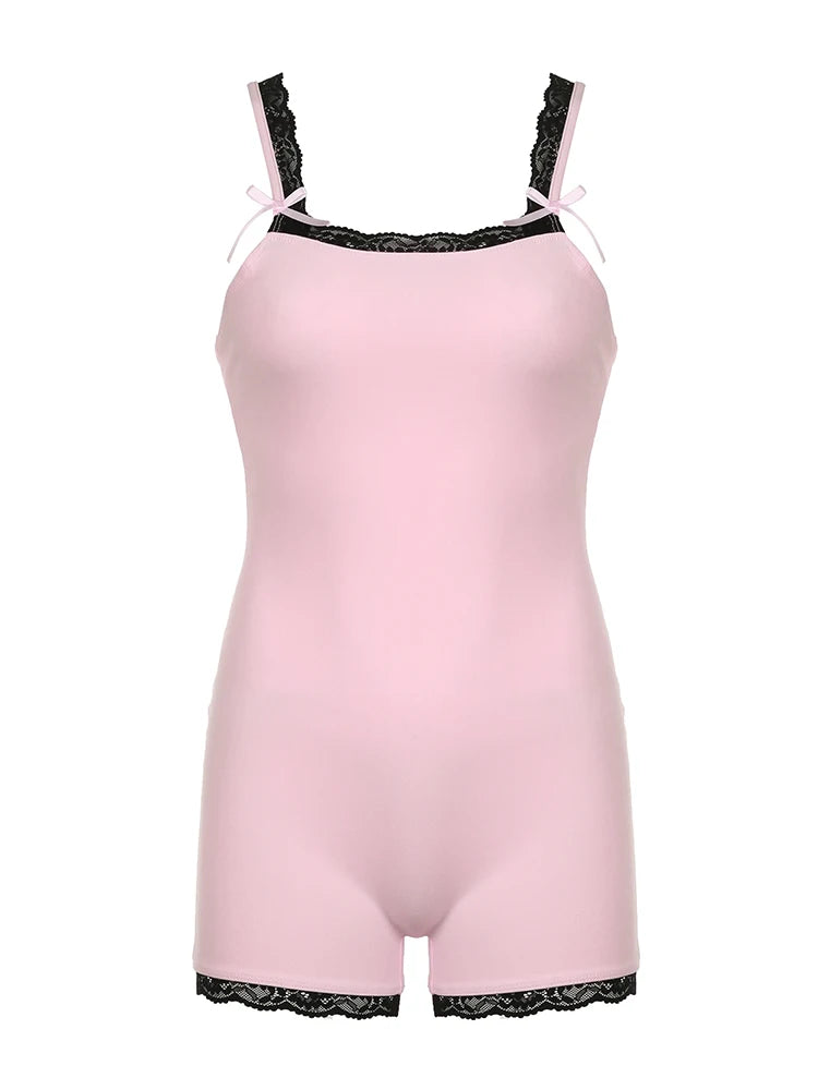 Monos ajustados y sexys con cuello cuadrado y parches de encaje en contraste para mujer, ropa bonita y estilo Y2K