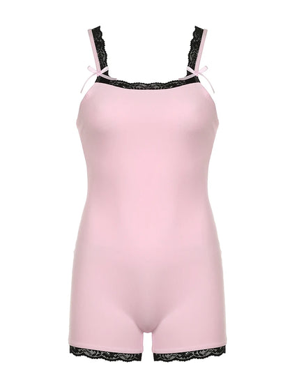 Monos ajustados y sexys con cuello cuadrado y parches de encaje en contraste para mujer, ropa bonita y estilo Y2K