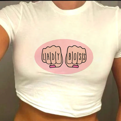 American basic round neck pullover letter print knit short sleeve T-shirt Spice Girls Summer Slim-fit crop top