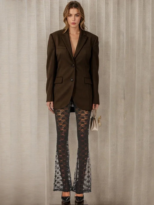 Pantalones largos acampanados informales de moda Y2K con diseño entallado de malla y retazos para mujer, pantalones de cintura alta con estampado floral y elásticos para mujer