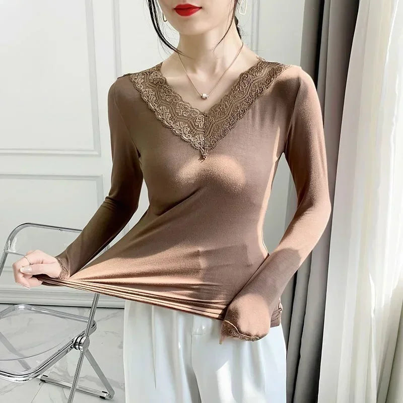 Autumn Long Sleeve Shirt Spring Lycra Thermal Underwear Basic V Neck T-shirt Underwear Woman Top Thin Blouse Female Clothing