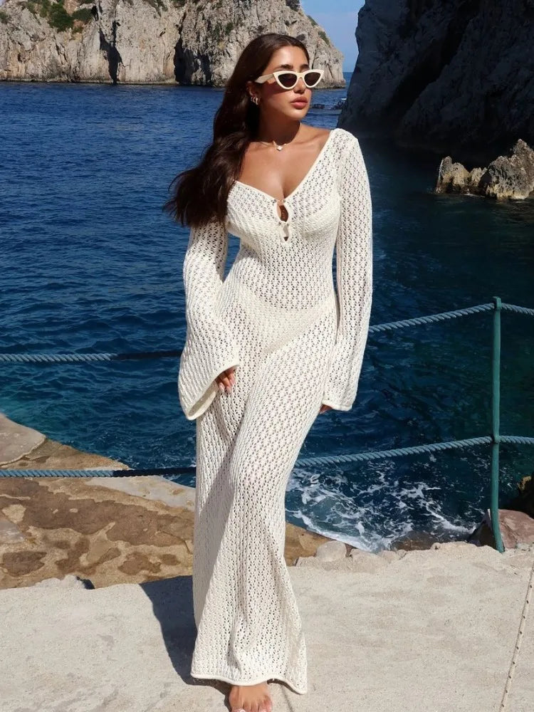 Crochet Beach Maxi Dress Women’s Sexy Knitted Hollow Bikini Swimsuit Cover-Up Sun Protection Dress See Through Slim Lady