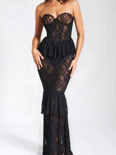Sexy Lace Sleeveless Slim Fit Dress Women’s Open Back Skinny Ruffle Edge Pleated Perspective Dress Party Evening Dress