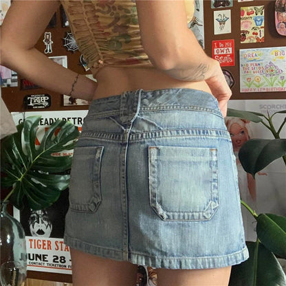 2000s Aesthetic Denim Skirt y2k Women Grunge Harajuku Short Mini Jeans Skirt with Pockets Korean Fashion Streetwear