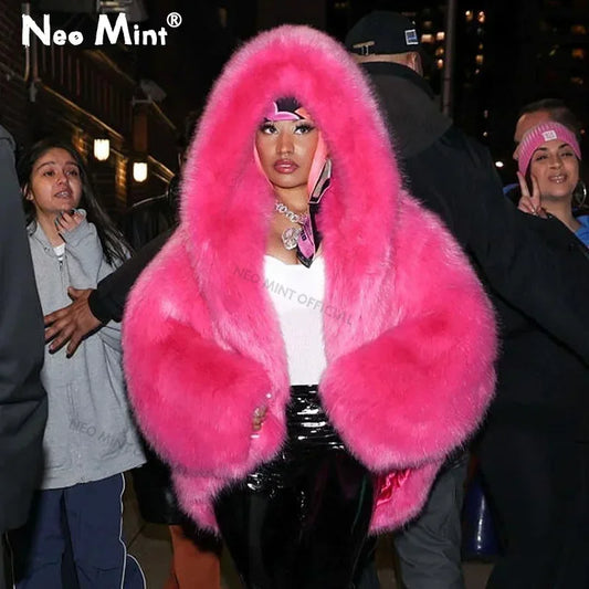 Brand Runway Fashion Iconic Hooded Batwing Faux Fur Coat Women Chic Winter Hailey Bieber Shaggy Overcoat Fox Fur Jacket