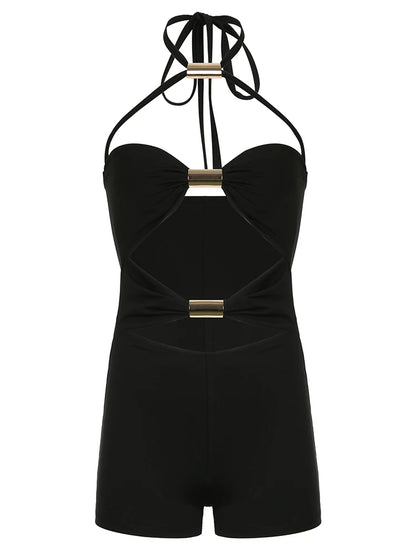 Mono ajustado con cuello halter, sexy, calado y con lazo, sin mangas, para mujer, ideal para vacaciones de verano