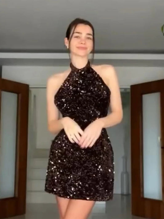 2025 Sequined Halter Backless Mini Dress Women Sexy Off Shoulder A-line Party Evening Dresses Summer Lady Slim Glitter Vestidos