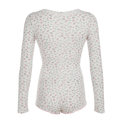 Mono de hada dulce y suave para mujer, con estampado floral, ribete de encaje, escote en V, manga larga, estilo coreano, moderno, bonito