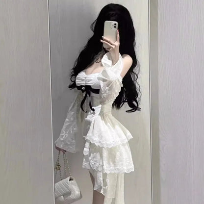 Minivestido ajustado de encaje Y2K para mujer, cuello alto, manga acampanada, corte A, para fiesta de cumpleaños, vestido de cola corta, moda coreana.