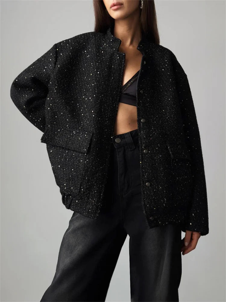 Black Sequin Fashion Outwear Female Loose Patchwork High Waist Long Sleeve Jacket Streetwear Solid Glitter Female Coat New
