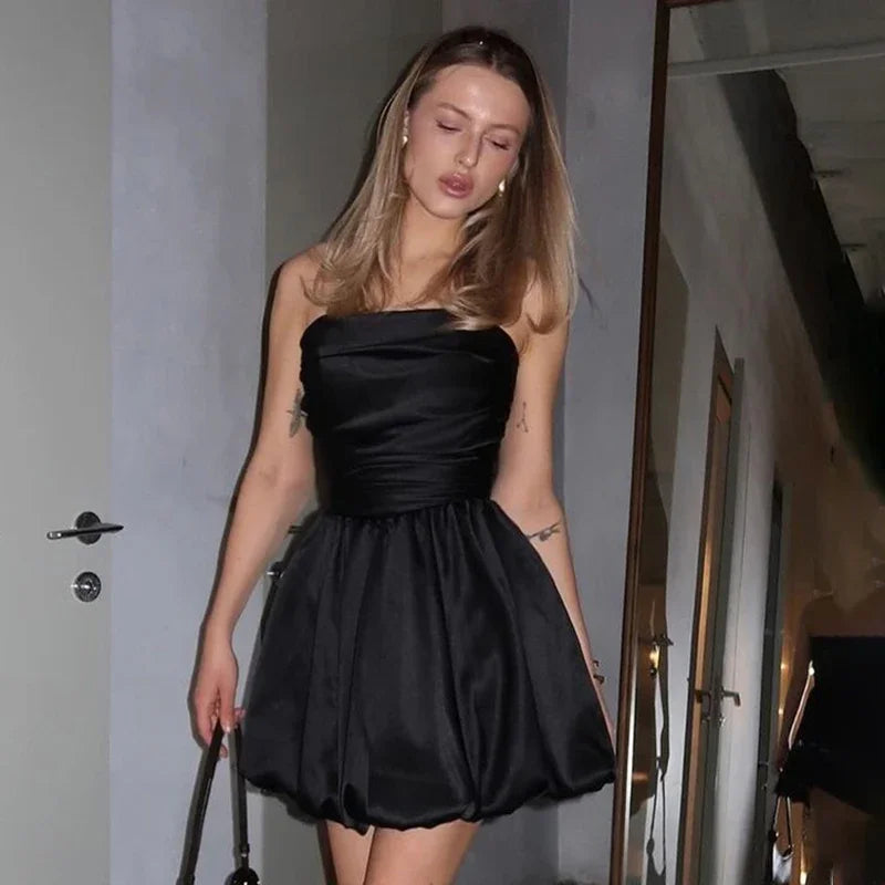 Vestido mini sexy de un solo hombro sin tirantes para mujer, con dobladillo fruncido, ajustado, liso, para fiesta y noche, para verano