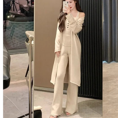 Conjunto de 3 piezas de punto para mujer, chaleco con cuello halter, cárdigan largo, pantalones largos, ropa informal lisa de moda coreana, otoño e invierno, nuevo