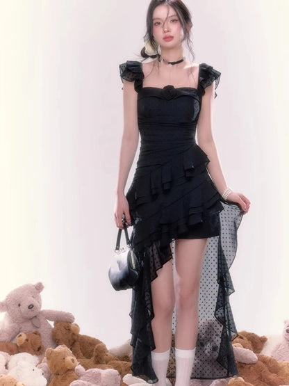 Y2K Irregular Ruffles Midi Dresses for Women Sleeveless Birthday Party Dress Prom Robe Korean Chic Summer New One Piece Vestido