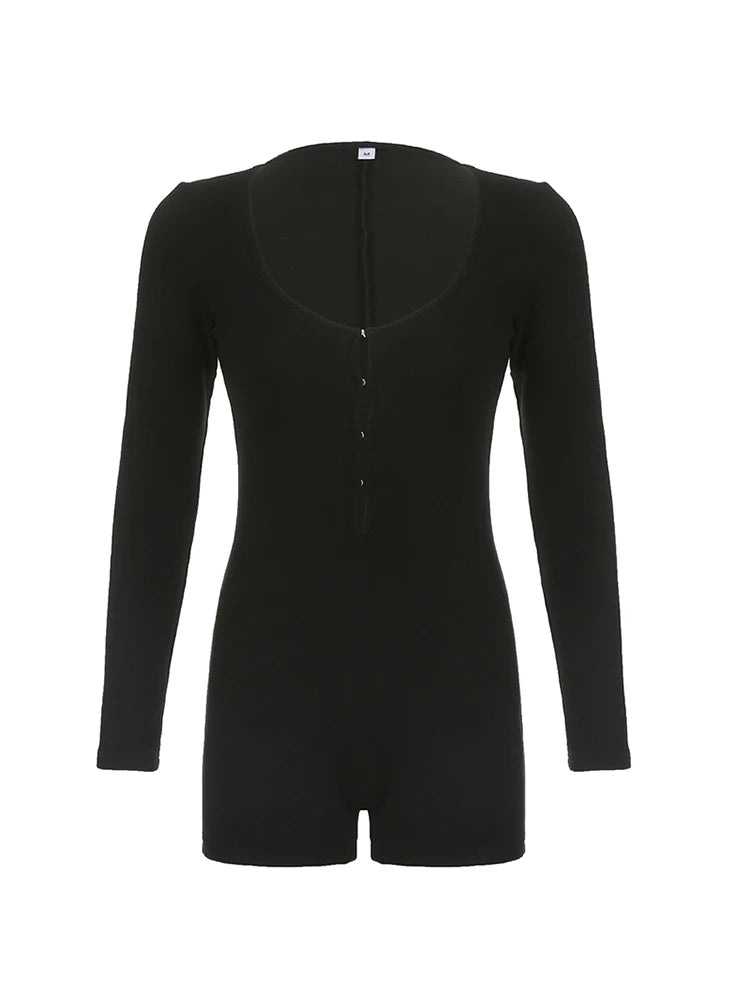 Mono negro sexy ajustado con gancho hueco en la parte delantera para mujer, mono negro liso con cuello redondo y manga larga para otoño e invierno, trajes básicos de baddie.