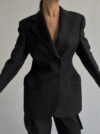 Traje de solapa negra para mujer, abrigo elegante de manga larga con bolsillos y retazos, blazer de cintura alta para otoño 2025
