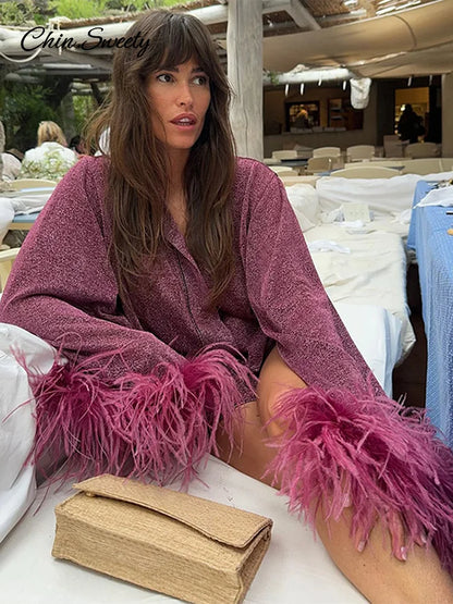 Glitter Feather Oversize Shirt Women Fashion Sparkle Stand Collar Single-breasted Long Flare Sleeve Blouse  Lady Y2K Outwear