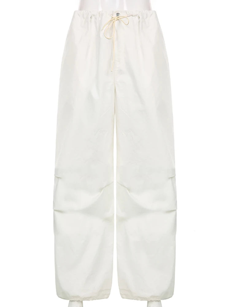 Casual Baggy Wide Leg Sweatpants White Loose Drawstring Low Waist Streetwear Cargo Pants Womens Hippie Joggers Trousers