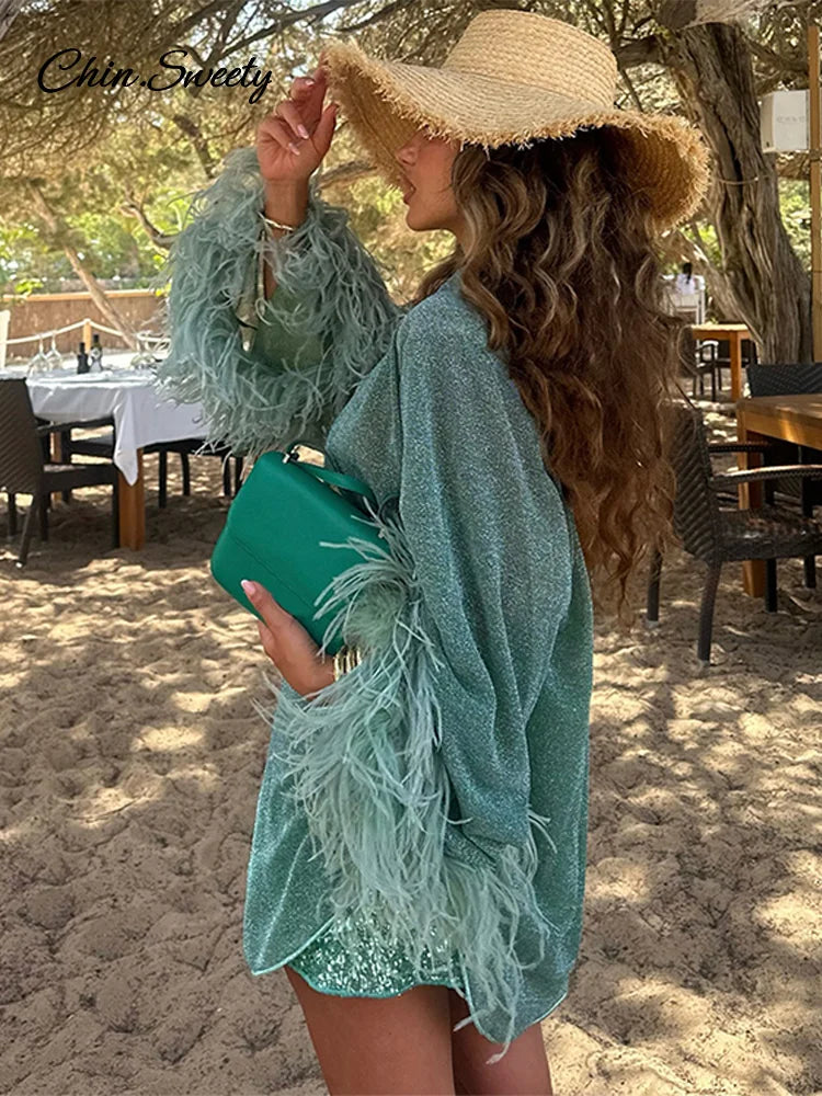 Glitter Feather Oversize Shirt Women Fashion Sparkle Stand Collar Single-breasted Long Flare Sleeve Blouse  Lady Y2K Outwear