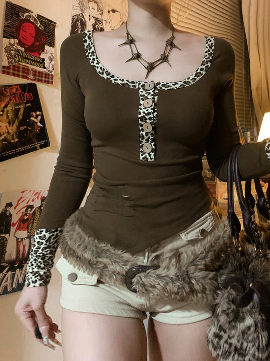Tops irregulares retro de moda Y2k para mujer, camisetas de manga larga con parches de leopardo, cuello cuadrado, botones, elegantes y rasgadas