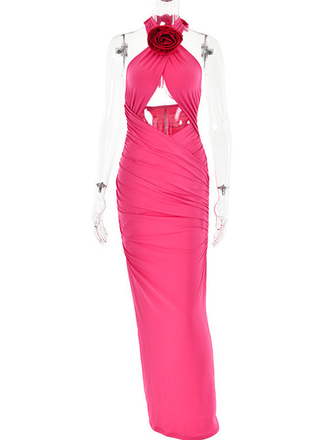 Sexy 3D Flower Hollow Out Backless Women’s Dress Zipper Female Sleeveless Bodycon Maxi Dress Party Club Evening Dress