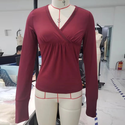 Camiseta grunge burdeos Y2K, estilo años 2000, estilo vintage de cuello en V y manga larga, estilo retro chic, para mujer, ropa de lechera, ropa técnica de otoño