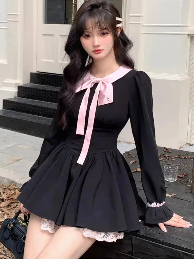 Y2K Black Short Dresses for Women Lace Ruffles Patchwork Long Sleeve A-line Princess Party Dress Korean One Piece Vestido New