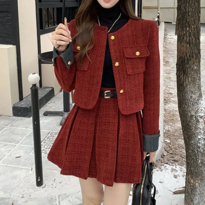 Autumn Winter New Red Tweed Two-piece Skirt Set Women Short Jacket Coat Pleated Mini Skirt Korean Fashion Chic Female Outfits