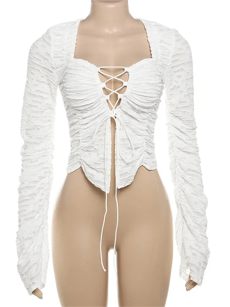 Autumn Fashion Ruffled T-shirt Cropped Top Female Hollow Out Lace-Up Patchwork Loose Outwear White Women Bandage Tee Coat