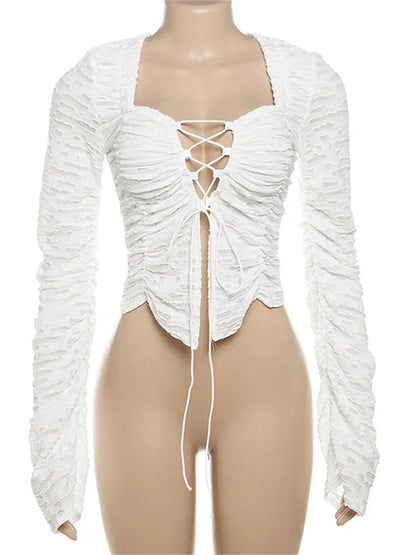 Autumn Fashion Ruffled T-shirt Cropped Top Female Hollow Out Lace-Up Patchwork Loose Outwear White Women Bandage Tee Coat
