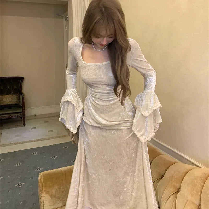 Vestidos largos de terciopelo Y2K para mujer, con mangas acampanadas, cuello cuadrado, cintura estrecha, corte en A, para fiesta de noche y graduación, para otoño e invierno