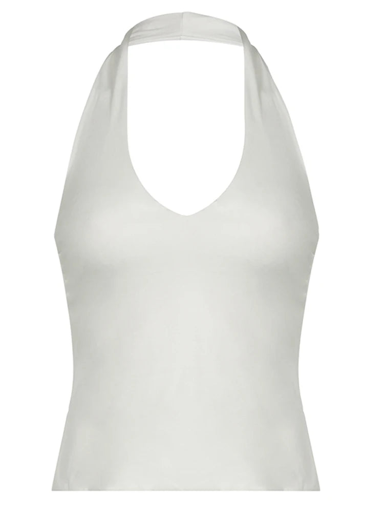 Tops ajustados con cuello halter, espalda descubierta y abertura para mujer, sin mangas, cuello en V, sexys, básicos, informales, de verano