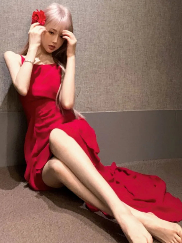 Y2K Red Irregular Womens Dresses Sexy Spaghetti Strap Sleeveless Ruffles Birthday Party Dress Summer Slim Casual Vestidos Mujer