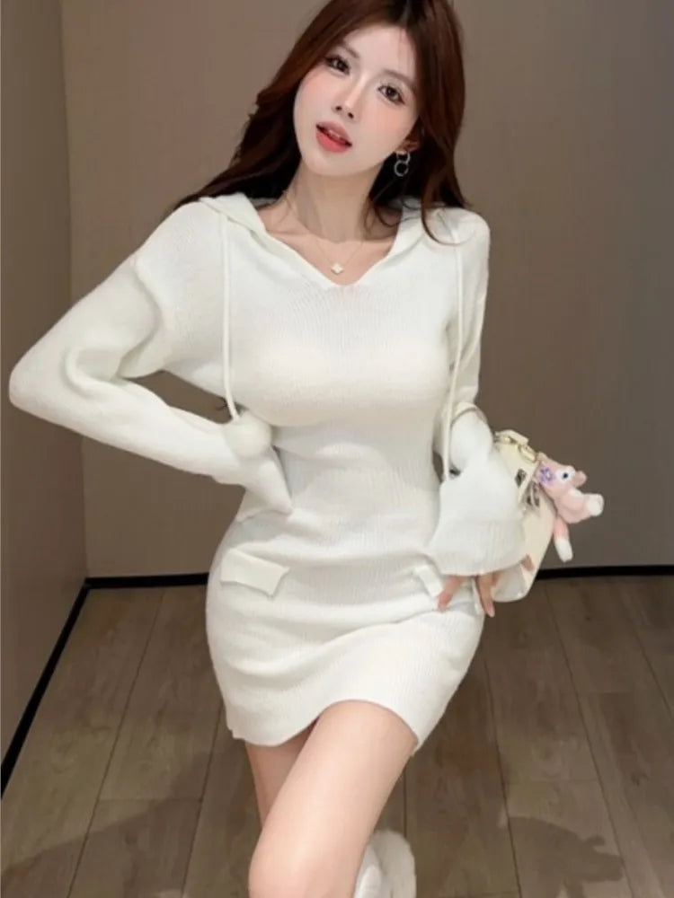 Autumn Women’s Knitted Dresses for Women Hoodies V-neck Long Sleeve Bodycon Short Dress Casual Korean Chic Vestidos Mujer New
