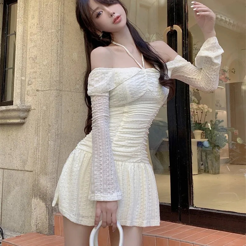 Vestidos cortos elegantes de otoño Y2K para mujer, cuello alto, mangas acampanadas, cordones, corte en A, cintura estrecha, moda coreana, minivestidos