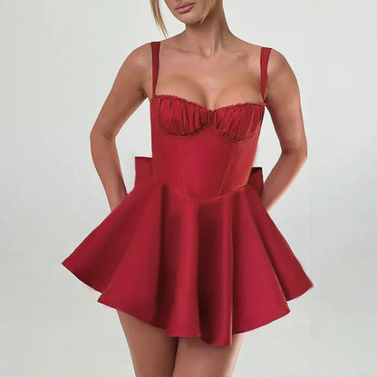 Bows Spaghetti Strap Dress For Women Plunge Sexy Bodycon Mini Dress Zipper A-Line Backless Folds Party Dress High Waist