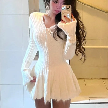 Autumn Winter Sexy Elegant Knitted Dresses for Woman Y2K Harajuku Slim Sweater Dress New Solid Chic Mini Party Dress