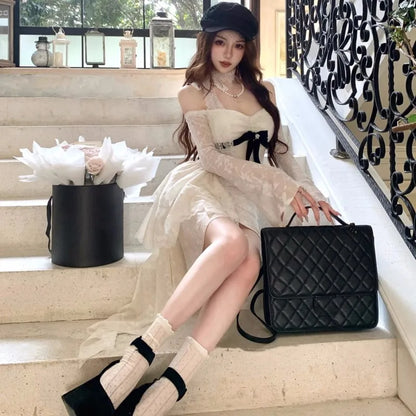 Minivestidos de encaje Y2K para mujer, cuello alto, mangas acampanadas, corte A, volantes, fiesta de cumpleaños, vestido de cola corta, moda coreana.