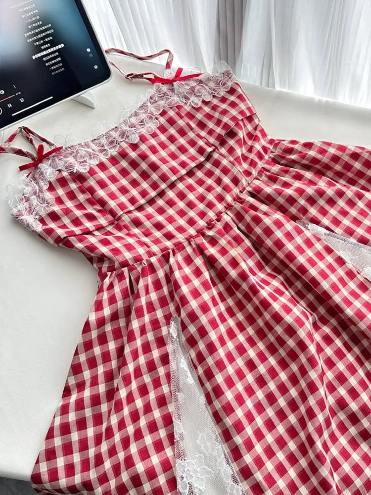 Minivestidos a cuadros rojos Y2K para mujer, con tirantes finos, de encaje y patchwork, corte en A, para fiesta de cumpleaños, moda coreana, vestido de una pieza